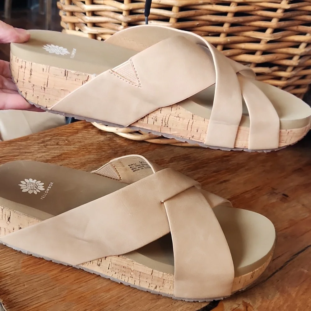 Yellow Box‎ Bursa Sandals 9.5 Platform Wedges Wide Strappy Tan Cork